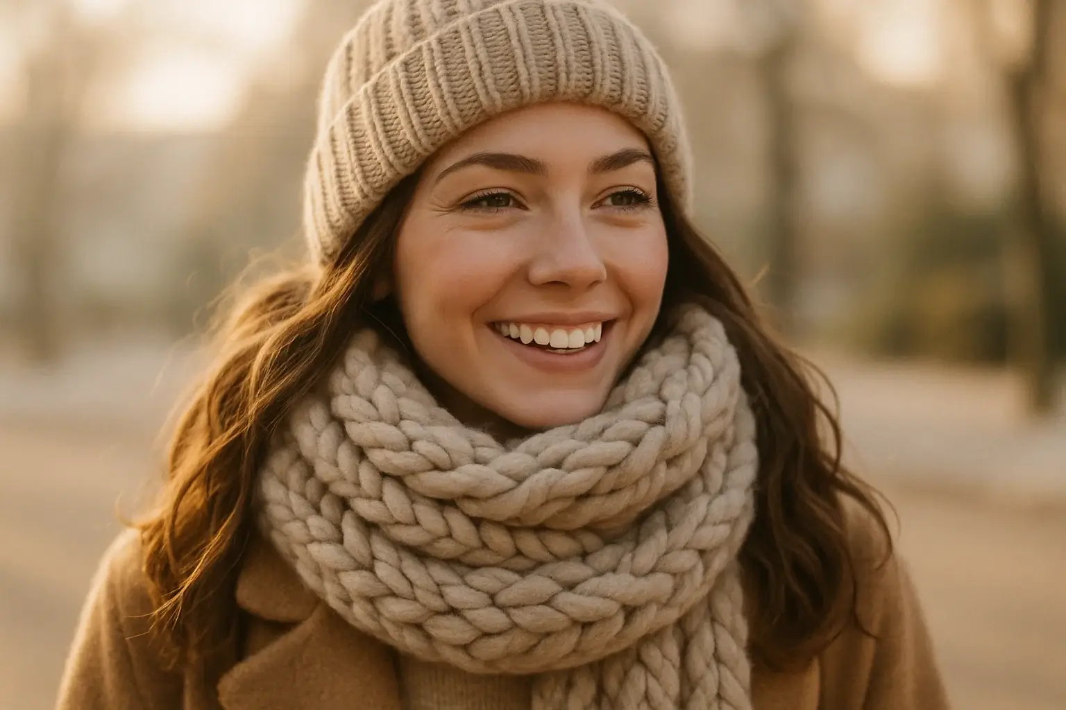 Woman wearing WarmWeave scarf and hat